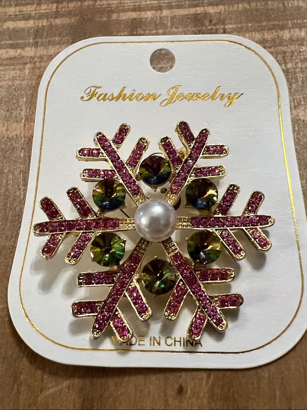 3/$18 Gold-Tone Pink Crystal Snowflake Brooch with Green Rhinestones Lot 6074